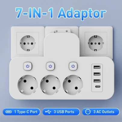 Adaptador de tomada UE com 3 tomadas CA, 3 portas USB e 1 porta tipo C, carregador de parede multiportas com interruptores independentes, conversor de tomada para viagem/casa/escritório, sem cabo, adaptador de tomada UE