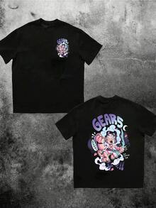 Men's Graphic Tee With Cartoon Cat Warrior And Gears DoubleSided Print,Unique Design Cotton TShirt,Stylish & Comfortable Top For Casual Wear