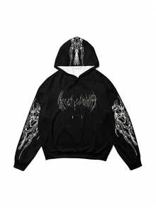 Men Dark Style Graphic Print Drawstring Hoodie, Extremely Cool, Essential For Streetwear, Emo Style, 2000s Style, Fall, Long Sleeve Top - Black - View 5