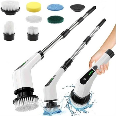 Escova de limpeza elétrica rotativa, escova de limpeza elétrica sem fio e nove cabeças de escova intercambiáveis, velocidade dupla, limpador de chuveiro elétrico portátil sem fio, escova de limpeza elétrica sem fio com cabo longo ajustável, adequada para paredes, pisos, azulejos, banheiras, cozinhas, banheiros, carregamento USB, produtos de limpeza