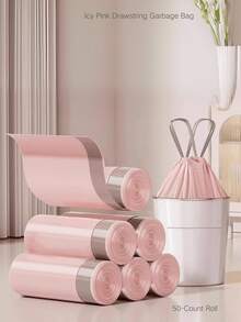 50pcs Trash Bags, Extra Thick Durable Drawstring Trash Bags, Kitchen Accessories, Suitable For Kitchen Bathroom Bedroom Living Room, Portable Polyethylene Material, Stylish Design, Drawstring Closure, With Trash Bag Dispenser, Home Organization Essential (Color Pink) - Hồng - Xem 3