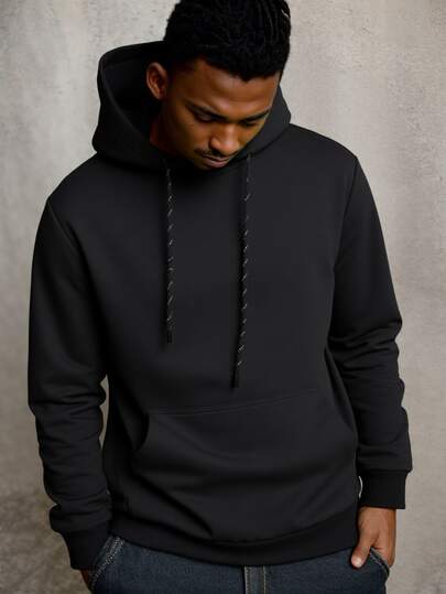 Fashionable Casual Hoodie, Men's Sports Daily Versatile Long Sleeve Top, Pocket - Machine Washable, Black Hooded Pullover Sweatshirt, Casual Men's For Spring And Autumn