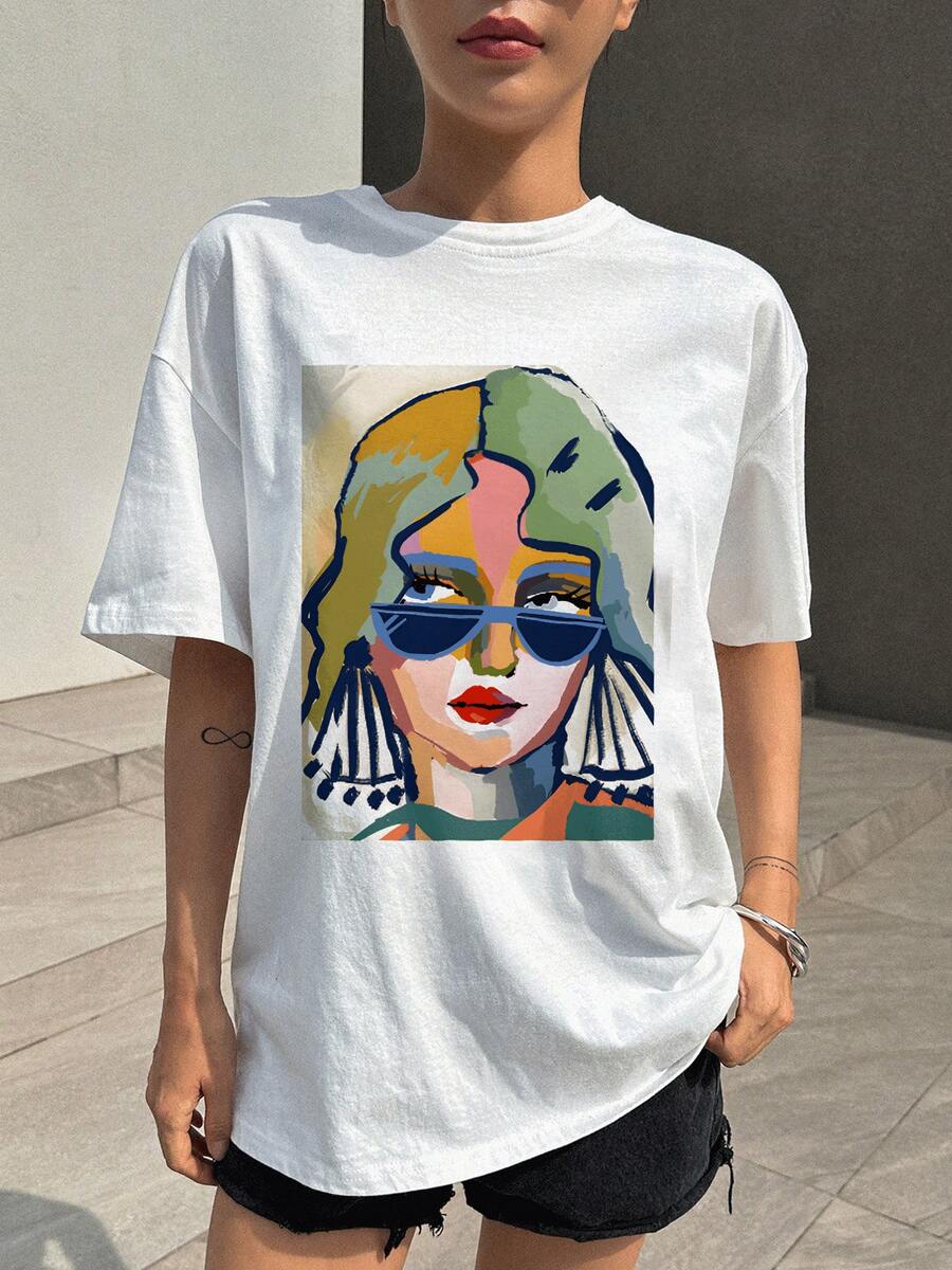 Pop Art Stylish Woman Graphic Tee, Unique Print 100% Pure Cotton White Short-Sleeved Women's T-Shirt