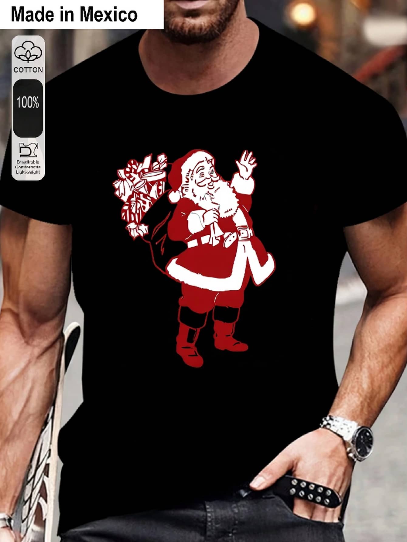 1 camiseta estampada, corte holgadoChristmas Cartoon style Santa Claus Waving gesture - Negro - Ver 1