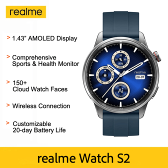 Realme Reloj S2, Batería de 14 días, Asistente de voz IA, talla grande de 110 modos deportivos, Pantalla AMOLED, Llamadas inalámbricas, Smartwatch para hombres y mujeres, Regalos/Obsequios de Navidad