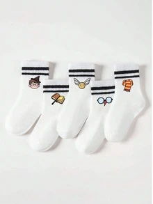 5/1 Pair Harry Potter Pattern Kids Mid-Calf Socks, Black & White Stripes, Cute Cartoon Harry Potter Design, Fashion Casual Comfortable Breathable Student Socks, Suitable For Daily Wear, Back To School, Holiday Gifts