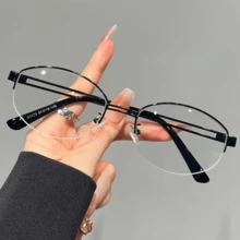 Retro Old Money Wind Gold Silk Half-Frame Glasses For Women, Myopia Can Be Equipped With Degree Metal Oval Models, Plain Artifact Frames, Hot Selection Of Los Angeles  Girls, Showing Small And Delicate Faces - [高品質]亮黑框 - 查看 4