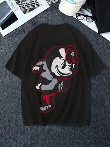 Men's DoubleSided Tee With Retro Cartoon Mascot Print,Stylish Cotton TShirt For Casual Wear,Unique Character Design Top