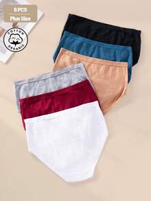 Teowryxou 6条装加大码女士高腰纯棉条纹和纯色内裤，柔软透气，舒适日常穿着，弹力内衣 - 彩色 - 查看 4