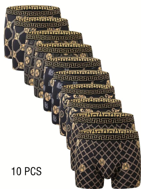 Random 10 Pieces Set Men's Black Gold Boxer Briefs Greek Style Printed Underwear Stretchy Comfortable Soft Silky Breathable Sports Boxers Suitable For Daily Casual Wear, A Great Gift  For Him