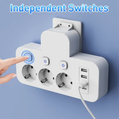 3-AC Outlet & 3-USB & 1-Type-C Port EU Plug Adapter, Multi-Port Wall Charger With Independent Switches, Travel/Home/Office Plug Converter, No Cable, EU Plug Adapter