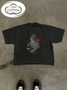 Tween Girl Cotten Clothes,Y2K-Inspired Letter Print T-Shirt - Casual Crew Neck, Short Sleeve, Machine Washable - Perfect For Spring/Summer/Fall,Fashion, Streetwear, Unisex, Men, Women - 黑色 - 查看 5