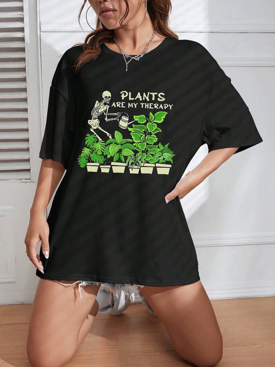 Skeleton Watering Plants "Plants Are My Therapy" Graphic Tee, Unique Print 100% Pure Cotton Black Short-Sleeved Women's T-Shirt