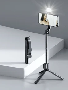 Palo de selfie portátil, palo de selfie telescópico para teléfono con luz de relleno incorporada, trípode para teléfono inteligente giratorio 360° con control remoto inalámbrico, compatible con iPhone y Android para vacaciones de verano, viajes, iluminación, actividades al aire libre, transmisión en vivo y equipo de vlogging