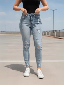 Jeans Skinny Rasgados Cintura Alta Levanta Glúteos Bolsillos Traseros Deslavado - Azul lavado medio - Ver 1