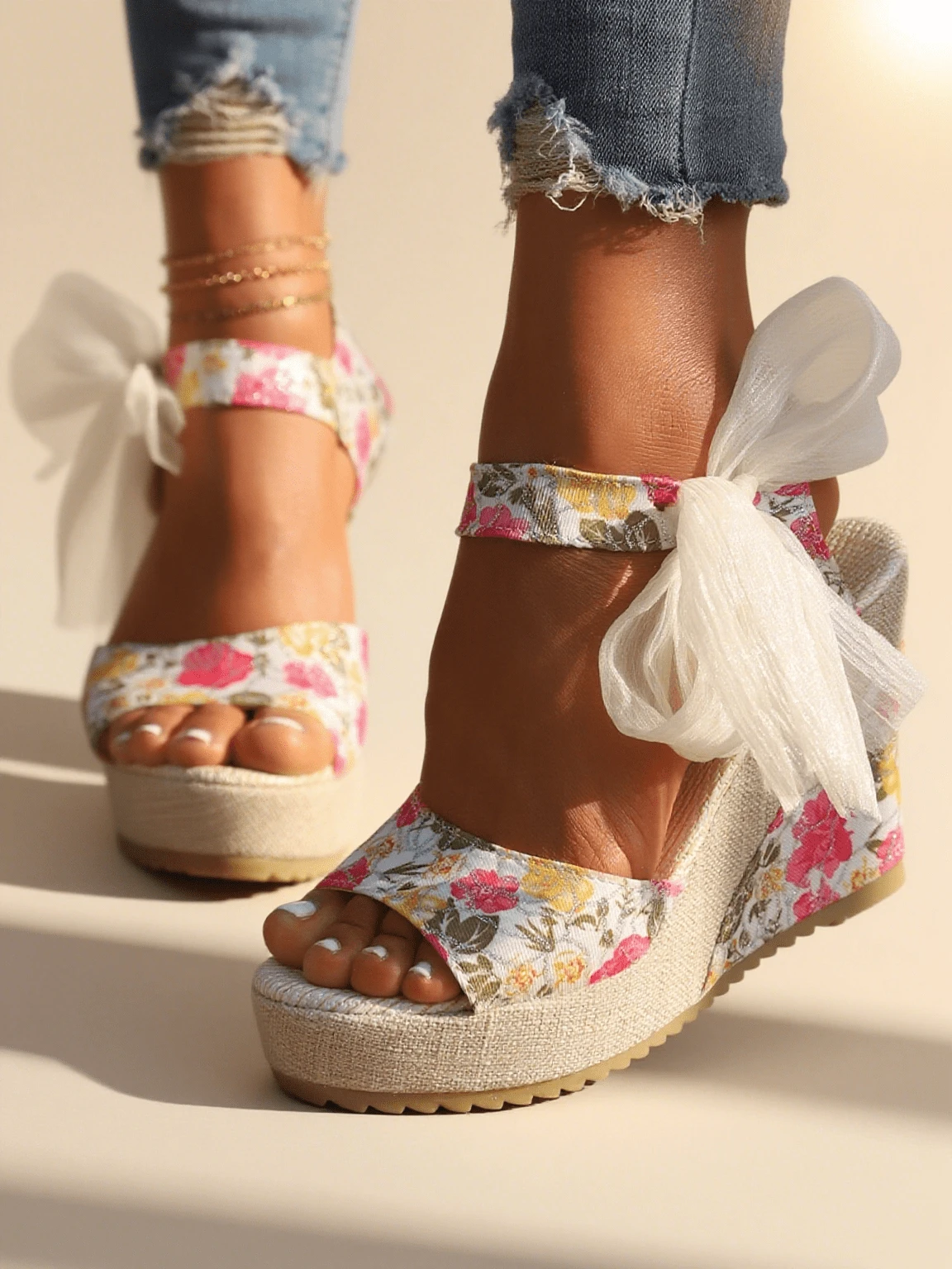 Women's Floral Wedge Sandals - Ankle Strap Espadrille Platform Peep Toe, Non-Slip Sole Summer Walking Shoes, Cute Date Outfits With Dresses,Strappy Flatform Sandals For Women - Bow Detail Summer Shoes, Lightweight Comfortable Non-Slip Sole, Vacation Beach Wedding Guest Shoes, Bohemian Style,Women's Peep Toe Platform Sandals - Romantic Floral Print & Sheer Bow Ankle Wrap, Chunky Wedge Heel For Height, Comfortable Day To Night Shoes,Summer Wedding Guest Floral Sandals - Low Wedge Heel With Ankle Bow, Non-Slip Rubber Sole, Breathable Comfort For Wide Feet, Cute Casual Outfits,Women's Fashion Boho Wave Sandals - Floral Print Peep Toe Slingback, Platform Wedge For Walking, Beach Vacation Dressy Chic Shoes - 66 - 查看 1
