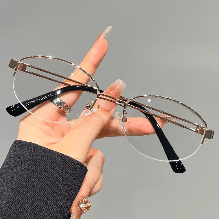 Retro Old Money Wind Gold Silk Half-Frame Glasses For Women, Myopia Can Be Equipped With Degree Metal Oval Models, Plain Artifact Frames, Hot Selection Of Los Angeles  Girls, Showing Small And Delicate Faces - [高品質]亮金框 - 查看 1