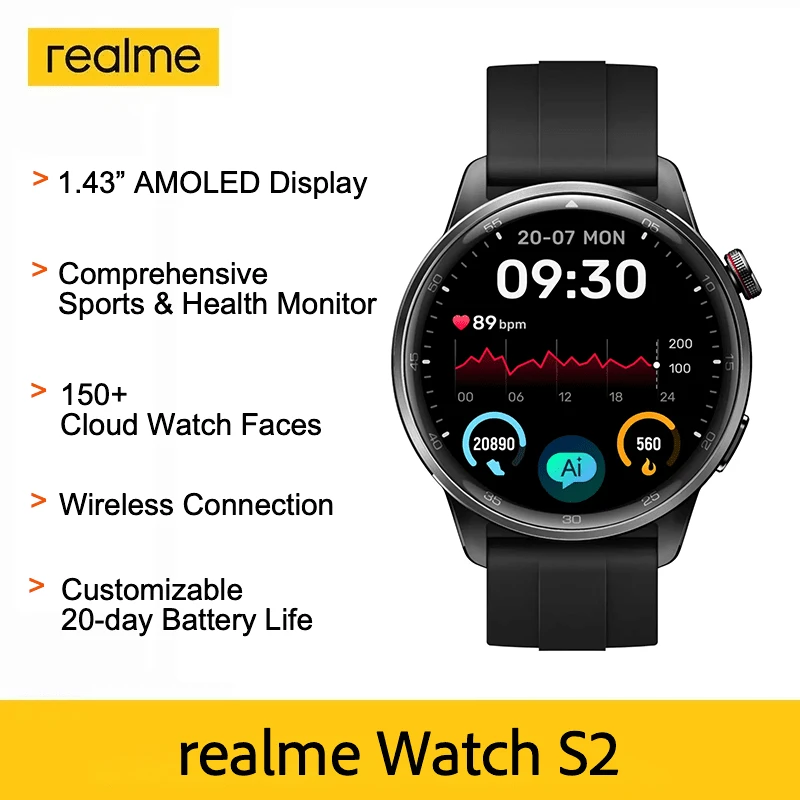 Realme Watch S2，14天超长续航，AI语音助手，110多种运动模式，AMOLED显示屏，无线通话，男女通用智能手表，圣诞礼物/赠品