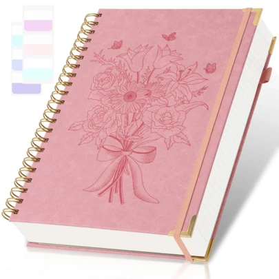 Cuaderno espiral con relieve floral de 300 páginas, cuaderno con líneas universitarias, cuaderno con tapa dura de páginas numeradas con 24 pestañas de índice, cuaderno/diario para damas, cuaderno profesional grande encuadernado en piel, grueso y hermoso