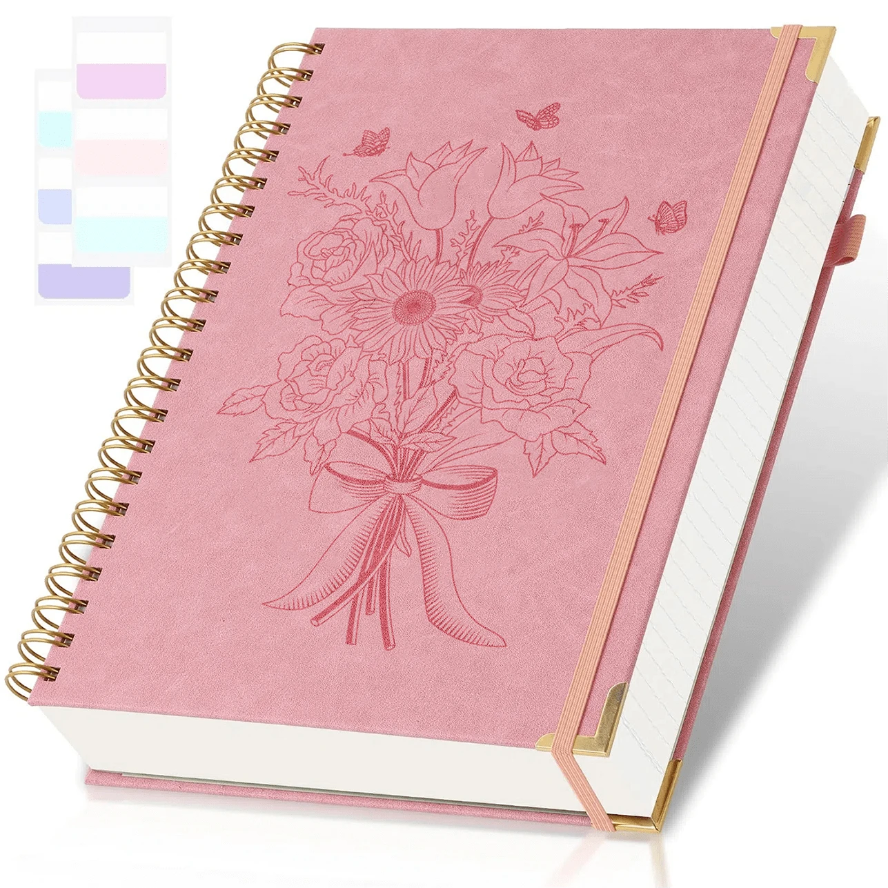 300-Page Floral Embossed Spiral Notebook, University-Ruled Notebook, Numbered Pages Hardcover Notebook With 24 Index Tabs, Ladies Notebook/Journal, Large Professional Leather-Bound Notebook, Thick And Beautiful Back To School