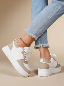 Women's All White Platform Sneakers - Minimalist Chunky Dad Shoes, Breathable Perforated Design, Comfortable Elevated Shoes For Wide Feet, Versatile Casual Wear,Women's Fashion Elevator Sneakers - Hidden Height Increase White Shoes, Lightweight Cushioned Comfort, Arch Support For All Day Walking, Work Nursing Shoes,Women's Orthopedic Friendly White Sneakers - Chunky Comfort Shoes With Good Arch Support, Breathable Leather Upper, Fashionable Supportive Shoes For Plantar Fasciitis,Women's Airy Casual Tennis Shoes - All White Lace-Up Walking Shoes With Platform Sole, Non-Slip Rubber Bottom, Versatile For Work, Travel And Daily Outfits,Women's Classic White Leather Sneakers - Elevated Platform For Height, Lightweight & Cushioned For Standing All Day, Perfect Nurse Shoes For Women, Arch Support Slip-On - 卡其色 - 查看 3