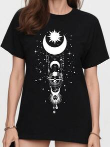 Celestial Moon And Sun Graphic Tee, Unique Print 100% Pure Cotton Black Short-Sleeved Women's T-Shirt