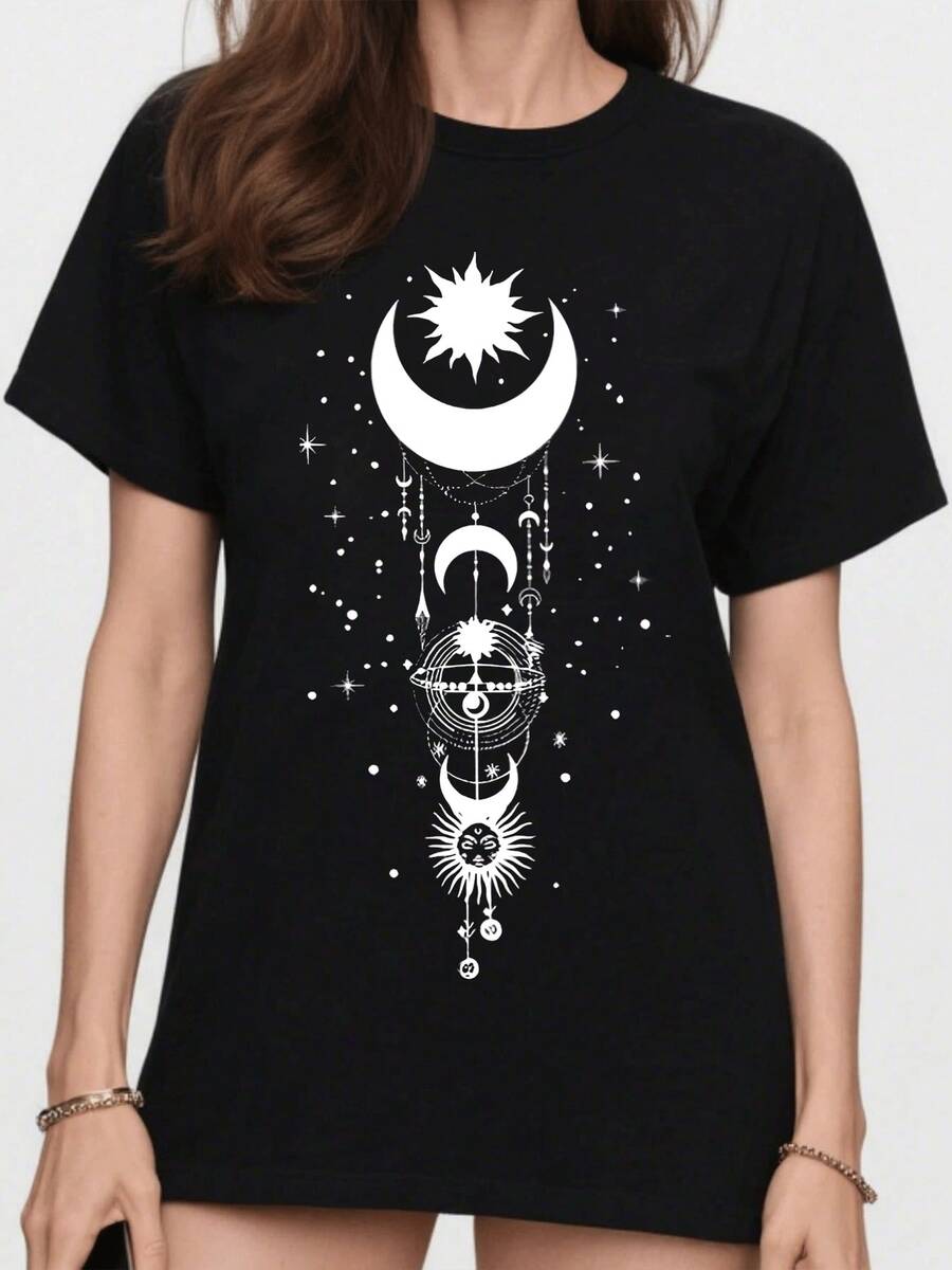 Celestial Moon And Sun Graphic Tee, Unique Print 100% Pure Cotton Black Short-Sleeved Women's T-Shirt