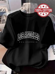1PC 100% Cotton Los Angeles California Letter Print Casual Short Sleeve T-Shirt for Women Summer Fashion Tops - Negro - Ver 1