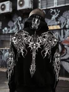 Men Dark Style Graphic Print Drawstring Hoodie, Extremely Cool, Essential For Streetwear, Emo Style, 2000s Style, Fall, Long Sleeve Top - Black - View 2