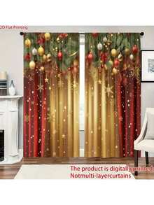 2PCS Printed Polyester Material Christmas Themed Red Curtains, Designed With Golden Snowflakes And Golden Pine Branches, Translucent Bedroom, Living Room, Office Home Decoration, Pole Bag Style, Flat Style