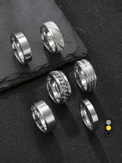 6pcs Set Minimalist Stainless Steel Rings, Silver, Gold, Black Color, Rotatable Chain Design, Suitable For Outdoor Sports And Daily Wear