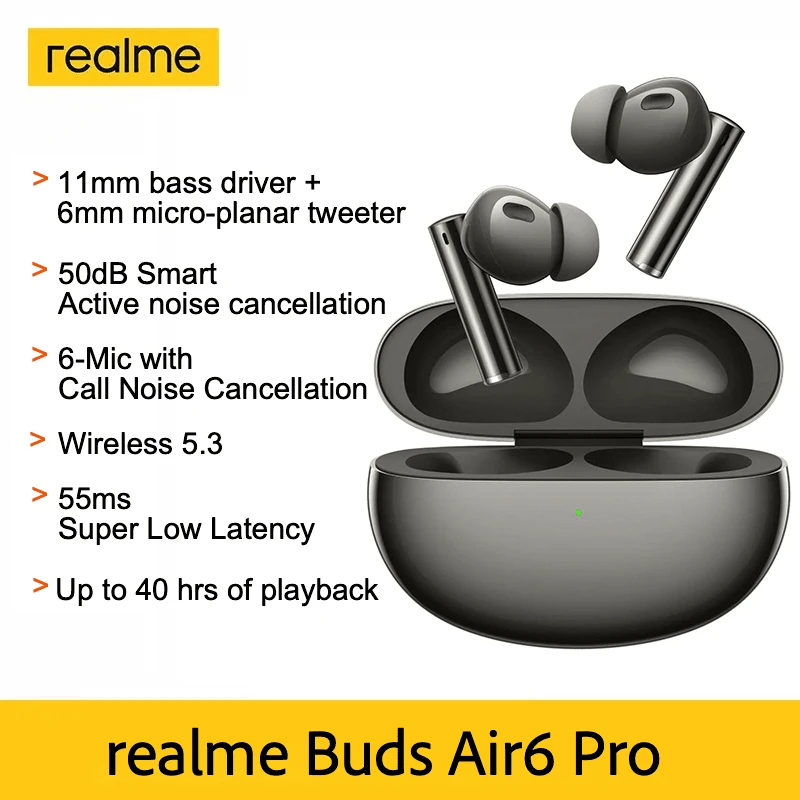 Realme Buds Air6 Pro 无线耳机，50dB 主动降噪，5.3 TWS 真无线耳机，圣诞礼物/赠品 - 黑色 - 查看 1