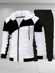 [2-Piece Set] Long-Sleeved Black And White Spliced Hooded Jacket And Solid Color Drawstring Trousers, Men's Casual Sports Suit, Machine Washable, New Autumn And Winter Style, Regular Version, Suitable For Daily Exercise Outside - Đen và trắng - Xem 4
