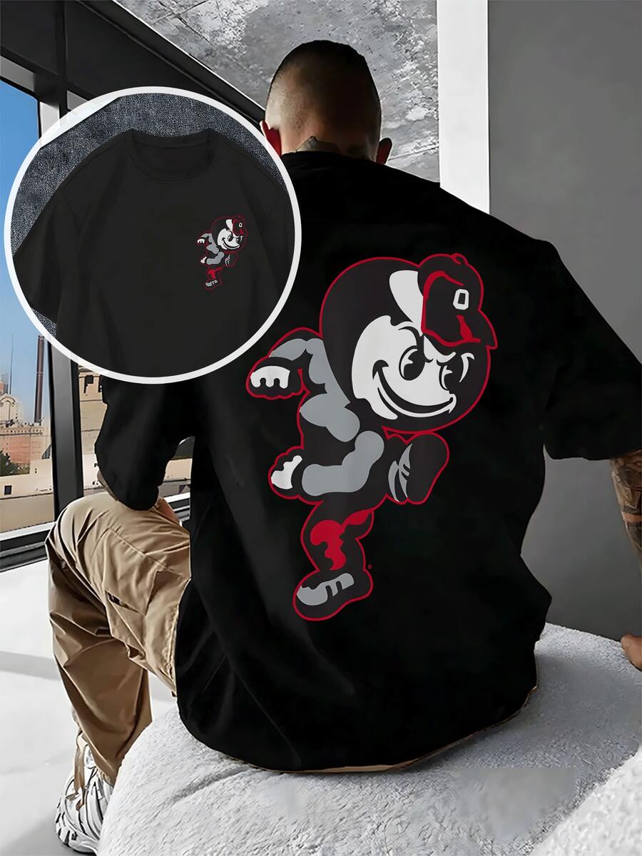 Men's DoubleSided Tee With Retro Cartoon Mascot Print,Stylish Cotton TShirt For Casual Wear,Unique Character Design Top