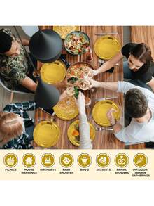 100/50 件金色重型可重复使用盘子 - 优雅的抛光金属边缘，厚纸板材料适合婚礼、生日派对、宴会 - 防溢桌面装饰，易于清洁