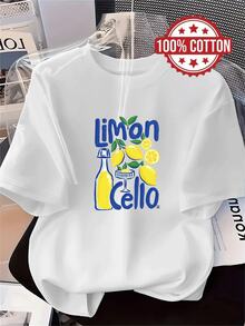 1PC 100% Cotton Limoncello Lemon Bottle and Fruit Print Graphic Summer Women's Short Sleeve T-Shirt - Blanco - Ver 1