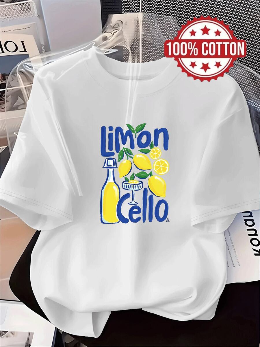 1PC 100% Cotton Limoncello Lemon Bottle and Fruit Print Graphic Summer Women's Short Sleeve T-Shirt - Blanco - Ver 1