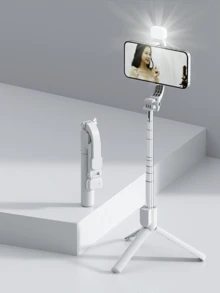 Palo de selfie portátil, palo de selfie telescópico para teléfono con luz de relleno incorporada, trípode para teléfono inteligente giratorio 360° con control remoto inalámbrico, compatible con iPhone y Android para vacaciones de verano, viajes, iluminación, actividades al aire libre, transmisión en vivo y equipo de vlogging