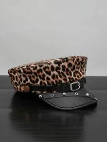 1pc Women's Leopard Print Beret Hat, PU Leather Decor Buckle, Autumn/Winter Retro Flat Top Cap, Suitable For Back To School, Student Fashion, Party Themes, Street Style, Halloween