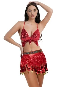 Conjunto de atuendo de actuación con lentejuelas y flecos, sujetador colorido + cadena para la cintura, disfraz de escenario de discoteca, disfraz de danza del vientre - Multicolor - Ver 4