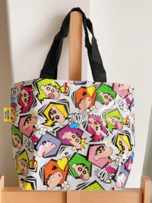 白色蜡笔小新紧凑型手提包，可折叠扁平手提包，轻质棉质帆布，大胆人物印花，加固手柄，内有拉链口袋，可容纳杂货、书籍、旅行必需品，可重复使用，可机洗，适合动漫粉丝和收藏家的礼物 - 白色 - 查看 1