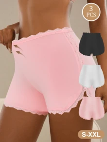 QUASTI 3 Pieces Women's High Waist Body Shaping Boxer Bottoming Panties Sexy Lace Trim Design Tummy Control Butt Lift Comfortable Skin-Friendly Breathable - 彩色 - 查看 1