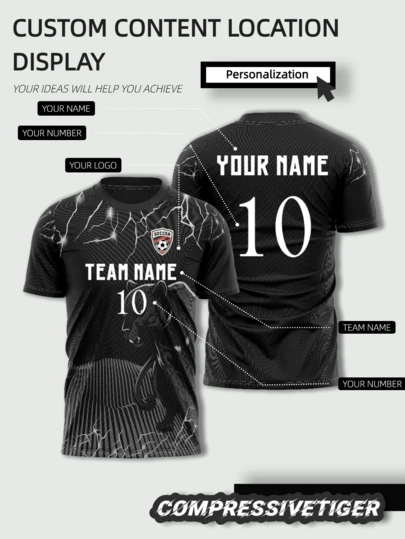 Panther & Lightning Custom Soccer Jersey - Embrace Ferocity And Speed. Highlighting A Sleek Panther Alongside Electrifying Lightning Details On A Black Base, This Jersey Captures Agility And Fierce Determination. Perfect For Teams Wanting To Project A Bold, Dynamic Image, It's Fully Customizable With Team Logos, Player Names, And Numbers. Halloween, Thanksgiving, Christmas And New Year Gifts