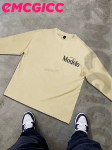 EMCGICC Street Life Men's Y2k Style (250 Cotton T-Shirt) Long Sleeve Shirt, Cotton Graphic T-Shirt, Men's Hip Hop Style - Long Sleeve T-Shirt, Fun Vintage Shirt, Regular Fit, Street Style, Halloween, Digital Print, Ideal Gift - 米色 - 查看 3