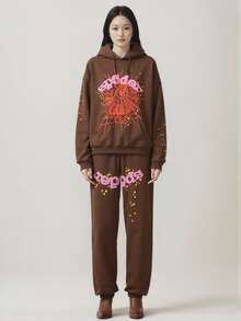 Spider Web Fashion Hip-Hop Printed Flower Hoodie, European And American  Brand Large-Sized Loose Men's And Women's Hooded Sweatshirt Set - màu nâu - Xem 2