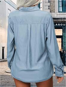 Womens Basic Solid Lapel Long Sleeves Button Down Casual Office Blouse Shirt Top - 淺藍色 - 查看 4