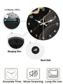 1pc Modern Luxury Black Golden Marble Wall Clock - Silent Non-Ticking Round Wood Frame, Battery Operated (Battery Not Included) - Elegant Home Decor Art Gift For Art Lovers, Christmas, Clock Wall Decor, Sophisticated Design Room Decor