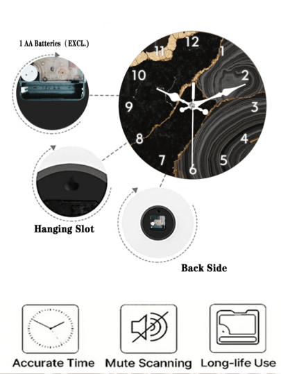 1pc Moderne Luxe Zwart Golden Marble Wand Klok Silent Non Ticking Round Wood Frame, Battery Operated (Battery Not Included) Elegante Home Art Lovers, Sophisticated Room view 6