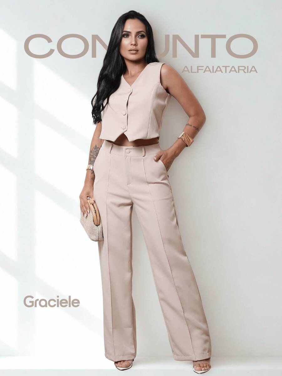 Elegant Women's Tailored Set With Vest And Chic Wide Leg Pants With - Nhận nó - Xem 1