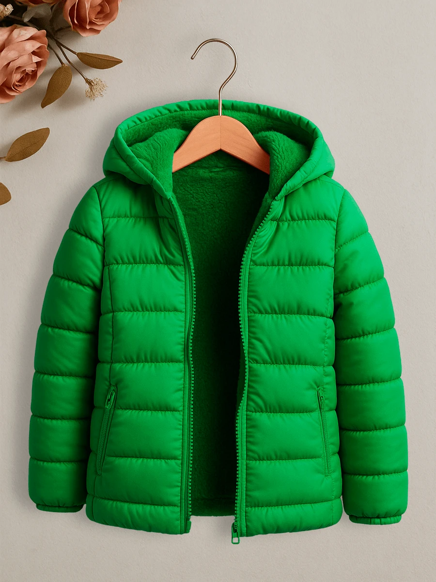Chamarra acolchada con capucha para niña, abrigo de invierno con forro de peluche - Verde - Ver 1